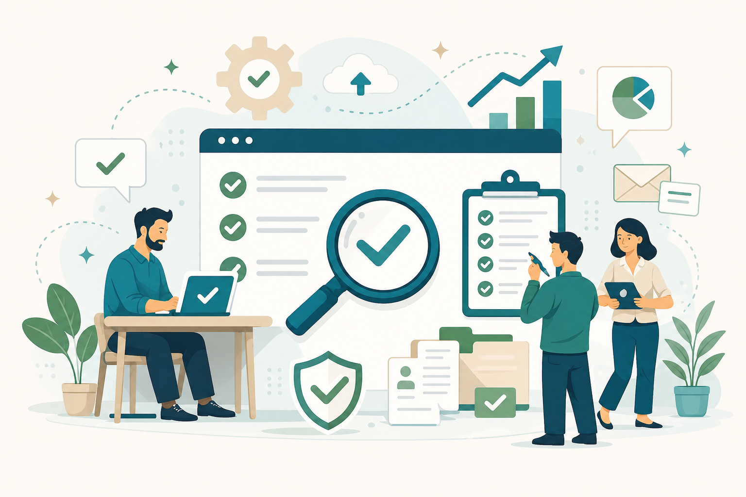 A team auditing a website for consent compliance — checklist, magnifying glass over a verified checkmark, and a security shield.